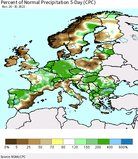 Europe Percent of Normal Precipitation 5-Day (CPC) Thematic Map For 11/26/2023 - 11/30/2023