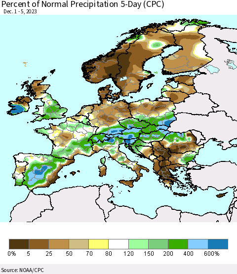 Europe Percent of Normal Precipitation 5-Day (CPC) Thematic Map For 12/1/2023 - 12/5/2023