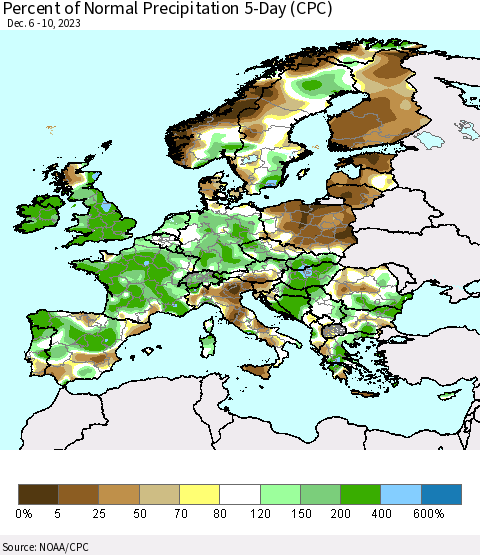 Europe Percent of Normal Precipitation 5-Day (CPC) Thematic Map For 12/6/2023 - 12/10/2023