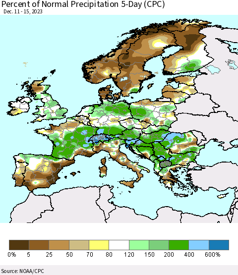 Europe Percent of Normal Precipitation 5-Day (CPC) Thematic Map For 12/11/2023 - 12/15/2023