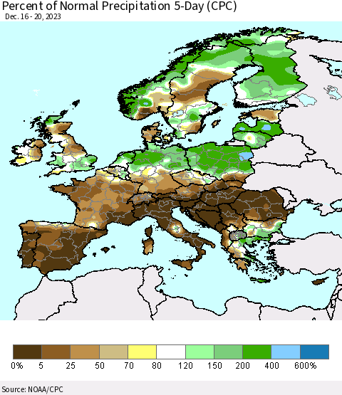 Europe Percent of Normal Precipitation 5-Day (CPC) Thematic Map For 12/16/2023 - 12/20/2023