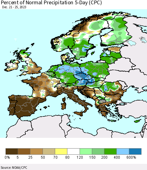 Europe Percent of Normal Precipitation 5-Day (CPC) Thematic Map For 12/21/2023 - 12/25/2023