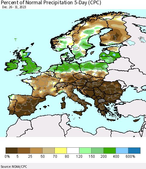 Europe Percent of Normal Precipitation 5-Day (CPC) Thematic Map For 12/26/2023 - 12/31/2023