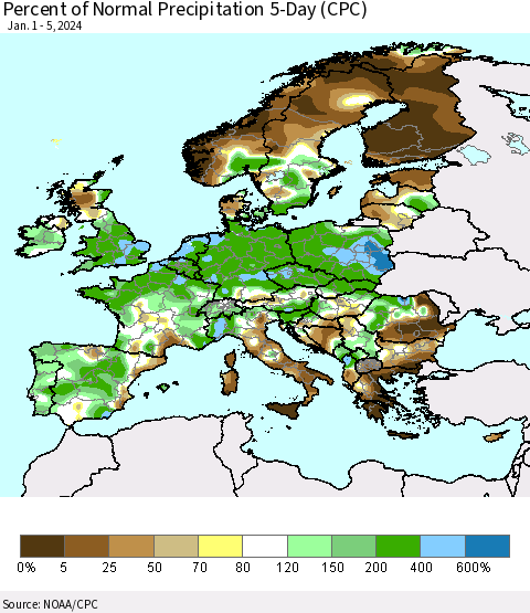 Europe Percent of Normal Precipitation 5-Day (CPC) Thematic Map For 1/1/2024 - 1/5/2024