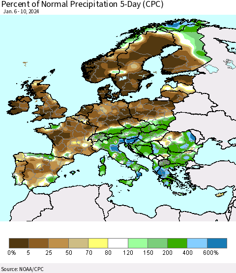 Europe Percent of Normal Precipitation 5-Day (CPC) Thematic Map For 1/6/2024 - 1/10/2024