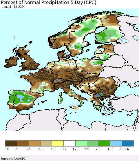 Europe Percent of Normal Precipitation 5-Day (CPC) Thematic Map For 1/11/2024 - 1/15/2024
