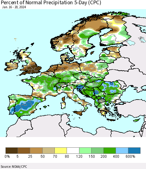 Europe Percent of Normal Precipitation 5-Day (CPC) Thematic Map For 1/16/2024 - 1/20/2024