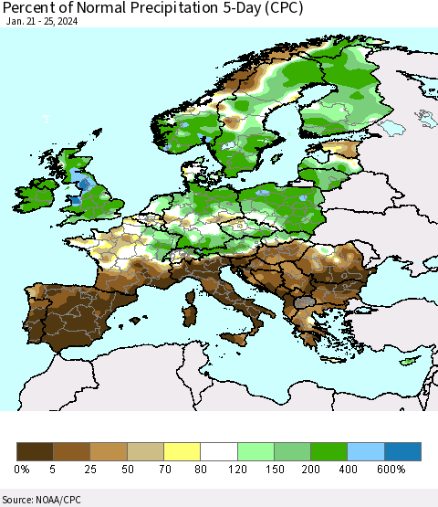 Europe Percent of Normal Precipitation 5-Day (CPC) Thematic Map For 1/21/2024 - 1/25/2024