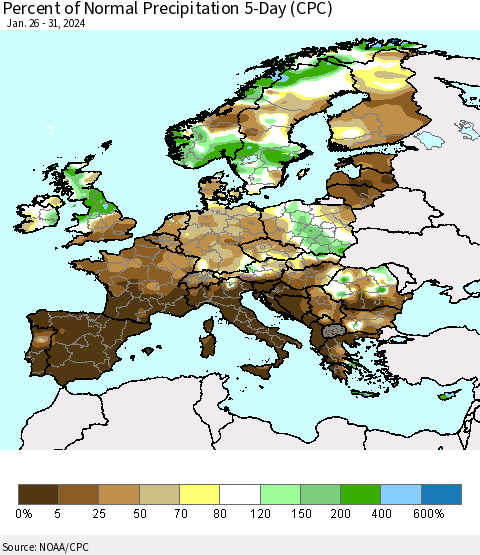 Europe Percent of Normal Precipitation 5-Day (CPC) Thematic Map For 1/26/2024 - 1/31/2024