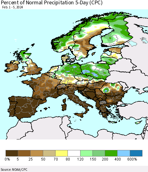 Europe Percent of Normal Precipitation 5-Day (CPC) Thematic Map For 2/1/2024 - 2/5/2024