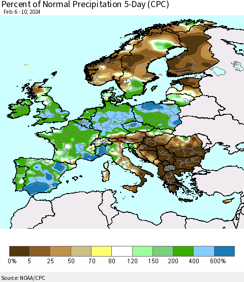 Europe Percent of Normal Precipitation 5-Day (CPC) Thematic Map For 2/6/2024 - 2/10/2024