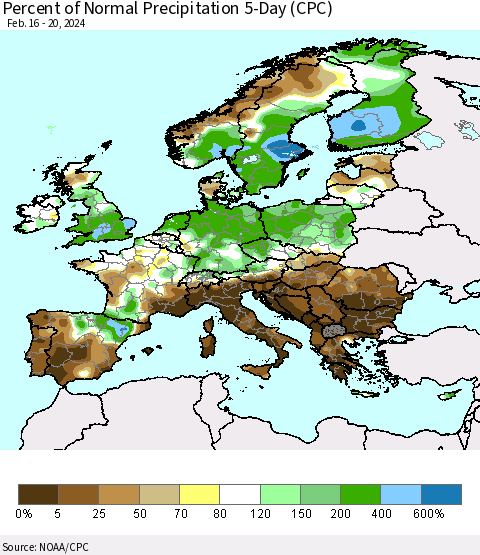 Europe Percent of Normal Precipitation 5-Day (CPC) Thematic Map For 2/16/2024 - 2/20/2024