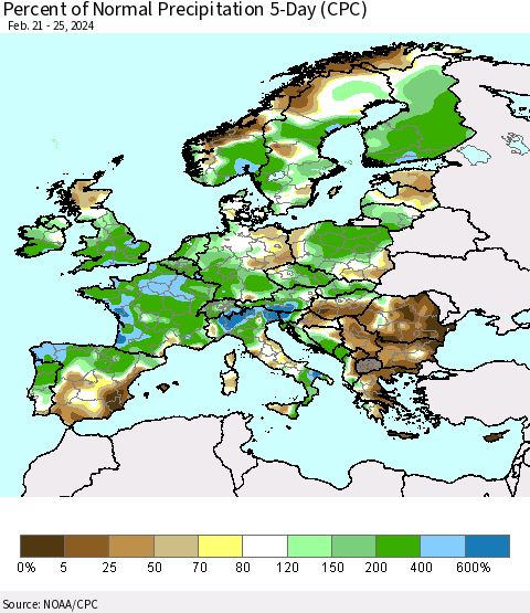 Europe Percent of Normal Precipitation 5-Day (CPC) Thematic Map For 2/21/2024 - 2/25/2024
