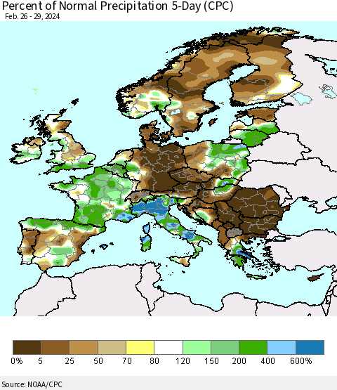 Europe Percent of Normal Precipitation 5-Day (CPC) Thematic Map For 2/26/2024 - 2/29/2024