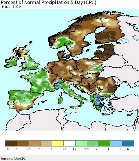 Europe Percent of Normal Precipitation 5-Day (CPC) Thematic Map For 3/1/2024 - 3/5/2024