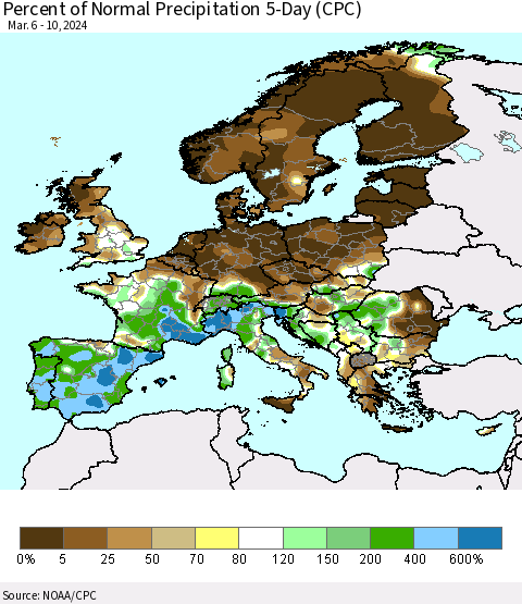 Europe Percent of Normal Precipitation 5-Day (CPC) Thematic Map For 3/6/2024 - 3/10/2024