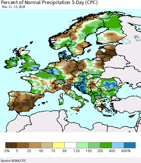 Europe Percent of Normal Precipitation 5-Day (CPC) Thematic Map For 3/11/2024 - 3/15/2024