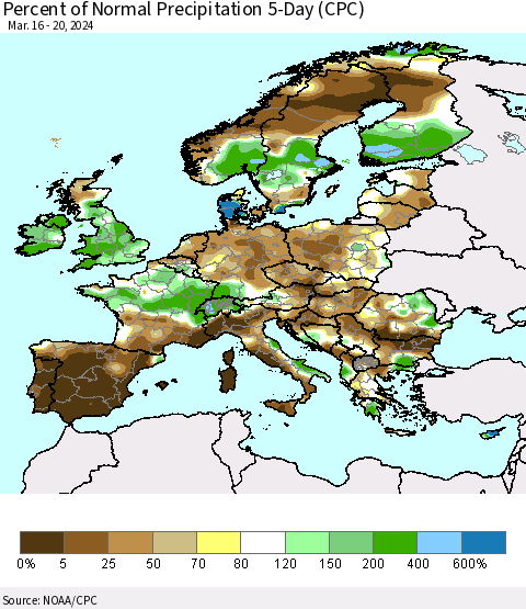 Europe Percent of Normal Precipitation 5-Day (CPC) Thematic Map For 3/16/2024 - 3/20/2024