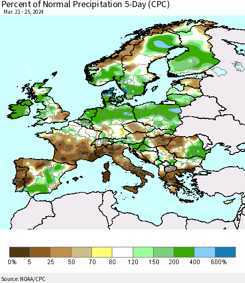 Europe Percent of Normal Precipitation 5-Day (CPC) Thematic Map For 3/21/2024 - 3/25/2024