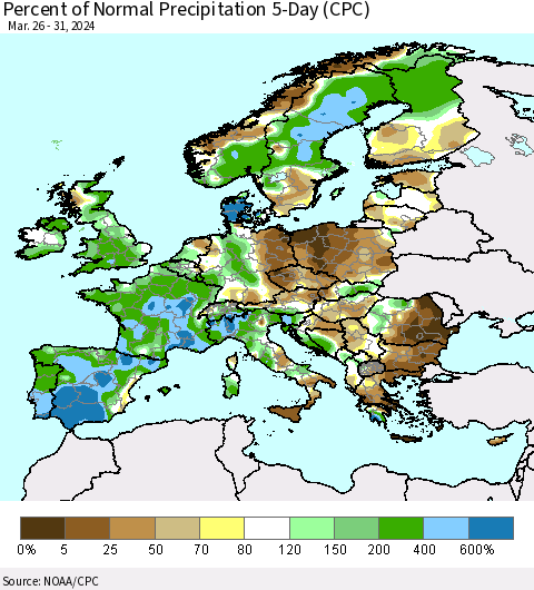 Europe Percent of Normal Precipitation 5-Day (CPC) Thematic Map For 3/26/2024 - 3/31/2024
