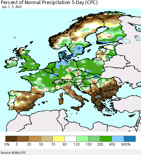 Europe Percent of Normal Precipitation 5-Day (CPC) Thematic Map For 4/1/2024 - 4/5/2024