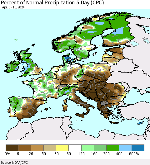 Europe Percent of Normal Precipitation 5-Day (CPC) Thematic Map For 4/6/2024 - 4/10/2024