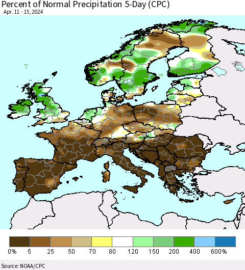 Europe Percent of Normal Precipitation 5-Day (CPC) Thematic Map For 4/11/2024 - 4/15/2024