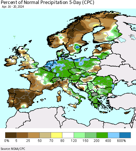 Europe Percent of Normal Precipitation 5-Day (CPC) Thematic Map For 4/16/2024 - 4/20/2024