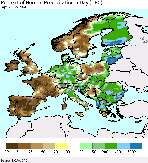 Europe Percent of Normal Precipitation 5-Day (CPC) Thematic Map For 4/21/2024 - 4/25/2024
