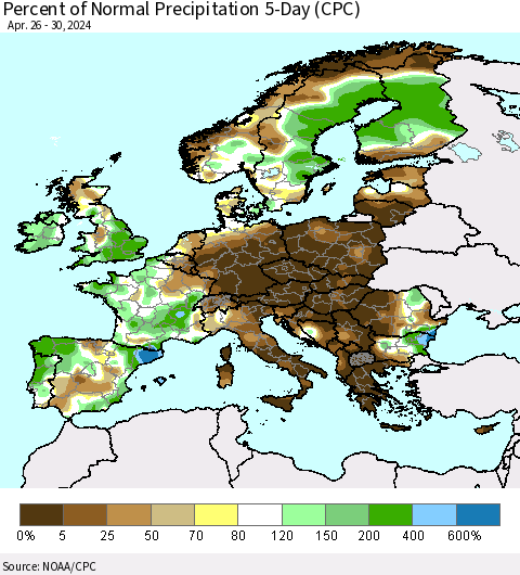 Europe Percent of Normal Precipitation 5-Day (CPC) Thematic Map For 4/26/2024 - 4/30/2024