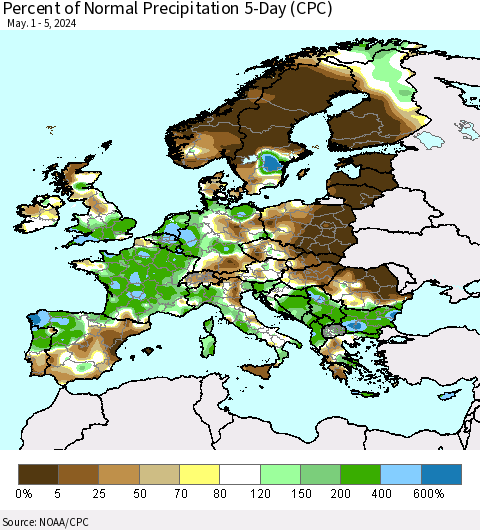 Europe Percent of Normal Precipitation 5-Day (CPC) Thematic Map For 5/1/2024 - 5/5/2024