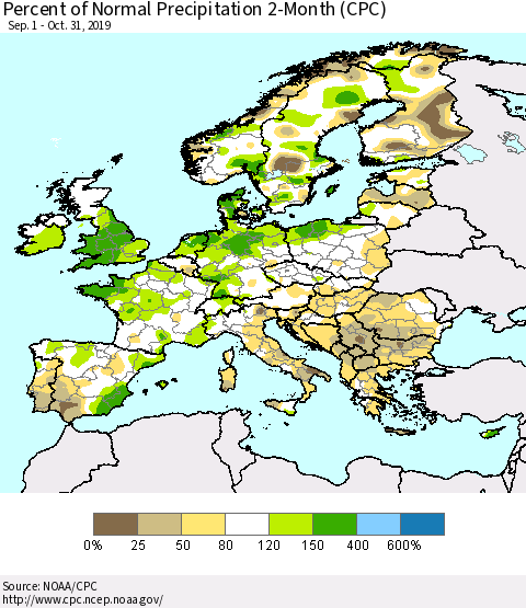 Europe Percent of Normal Precipitation 2-Month (CPC) Thematic Map For 9/1/2019 - 10/31/2019