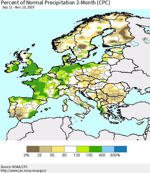 Europe Percent of Normal Precipitation 2-Month (CPC) Thematic Map For 9/11/2019 - 11/10/2019