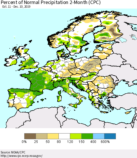 Europe Percent of Normal Precipitation 2-Month (CPC) Thematic Map For 10/11/2019 - 12/10/2019