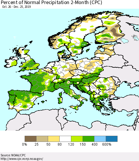 Europe Percent of Normal Precipitation 2-Month (CPC) Thematic Map For 10/26/2019 - 12/25/2019