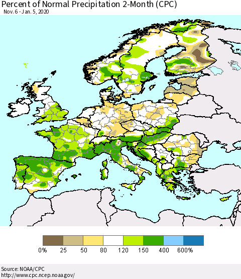 Europe Percent of Normal Precipitation 2-Month (CPC) Thematic Map For 11/6/2019 - 1/5/2020