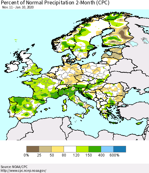Europe Percent of Normal Precipitation 2-Month (CPC) Thematic Map For 11/11/2019 - 1/10/2020