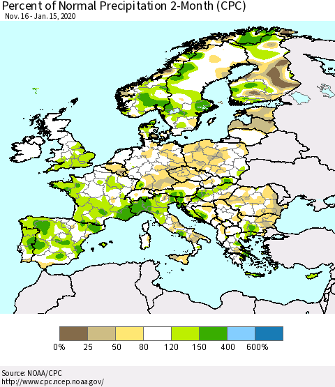 Europe Percent of Normal Precipitation 2-Month (CPC) Thematic Map For 11/16/2019 - 1/15/2020