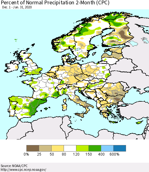 Europe Percent of Normal Precipitation 2-Month (CPC) Thematic Map For 12/1/2019 - 1/31/2020