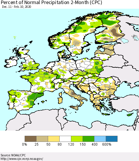 Europe Percent of Normal Precipitation 2-Month (CPC) Thematic Map For 12/11/2019 - 2/10/2020
