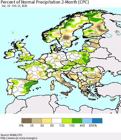Europe Percent of Normal Precipitation 2-Month (CPC) Thematic Map For 12/16/2019 - 2/15/2020