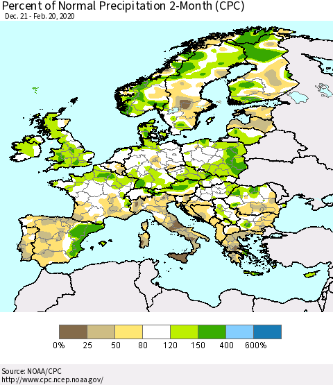 Europe Percent of Normal Precipitation 2-Month (CPC) Thematic Map For 12/21/2019 - 2/20/2020