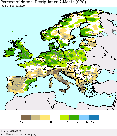 Europe Percent of Normal Precipitation 2-Month (CPC) Thematic Map For 1/1/2020 - 2/29/2020