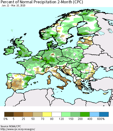 Europe Percent of Normal Precipitation 2-Month (CPC) Thematic Map For 1/11/2020 - 3/10/2020
