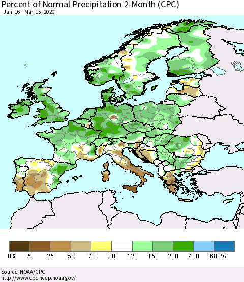 Europe Percent of Normal Precipitation 2-Month (CPC) Thematic Map For 1/16/2020 - 3/15/2020