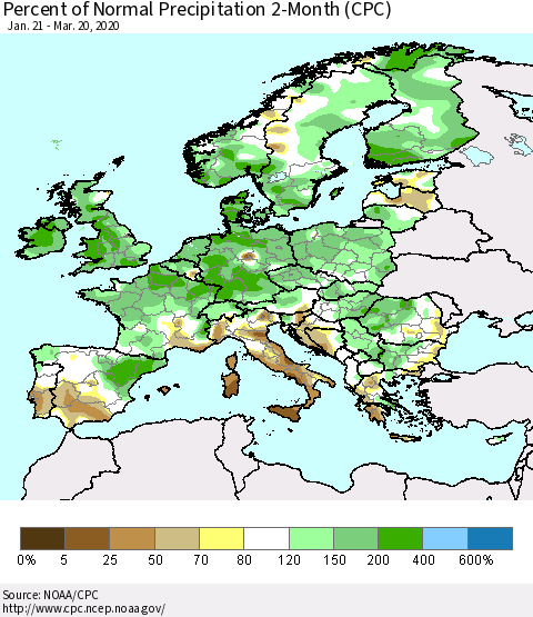 Europe Percent of Normal Precipitation 2-Month (CPC) Thematic Map For 1/21/2020 - 3/20/2020