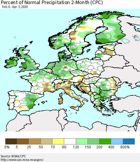 Europe Percent of Normal Precipitation 2-Month (CPC) Thematic Map For 2/6/2020 - 4/5/2020