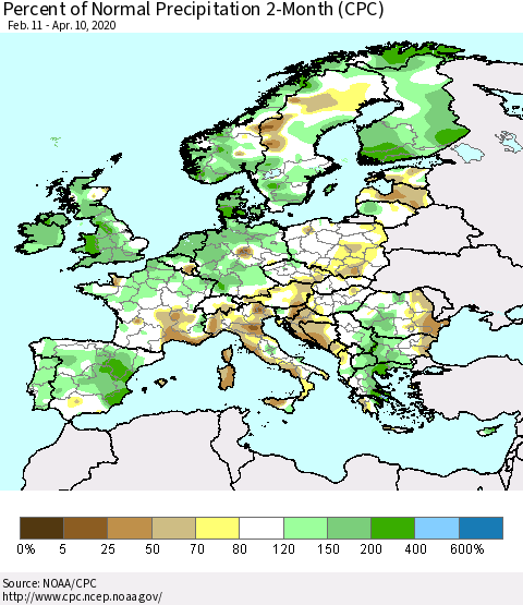 Europe Percent of Normal Precipitation 2-Month (CPC) Thematic Map For 2/11/2020 - 4/10/2020