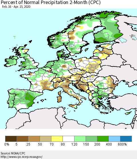 Europe Percent of Normal Precipitation 2-Month (CPC) Thematic Map For 2/16/2020 - 4/15/2020