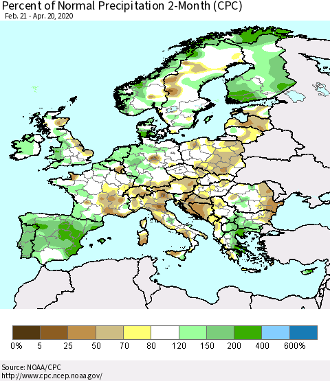 Europe Percent of Normal Precipitation 2-Month (CPC) Thematic Map For 2/21/2020 - 4/20/2020